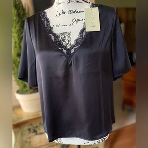 Joie Black Satin Lace-Trim V-Neck Blouse